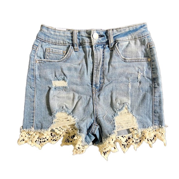 NWOT ALMOST FAMOUS LIGHT WASH AND HIGH WAISTED DENIM SHORTS WITH LACE TRIM - Picture 1 of 8